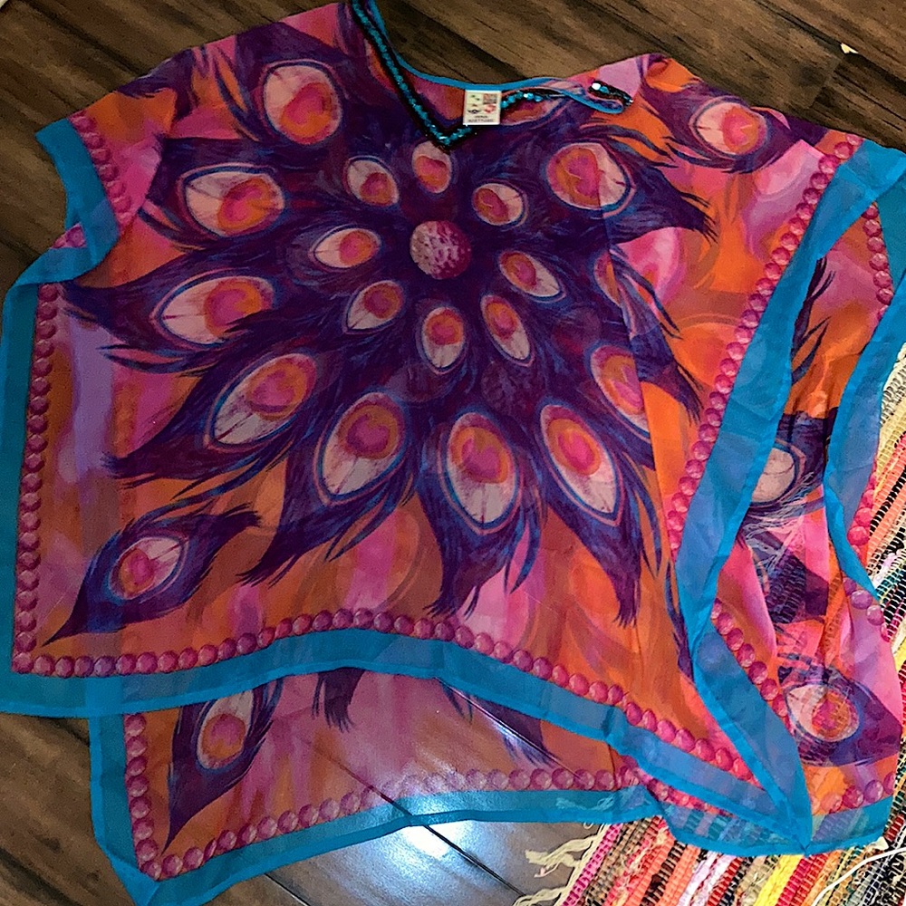 One Size Fits Most India Boutique Faux Silk Sheer Tunic Blouse Coverup